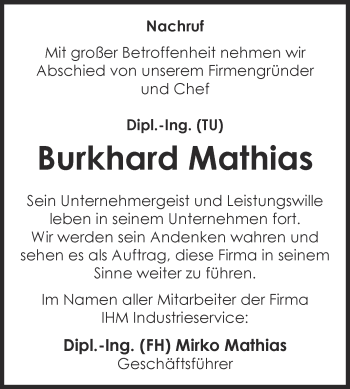 Traueranzeige von Burkhard Mathias von WVG - Wochenspiegel Dessau / Köthen