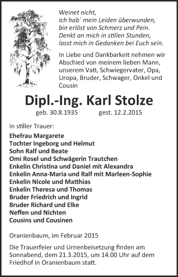 Traueranzeige von Karl Stolze von WVG - Wochenspiegel Wittenberg