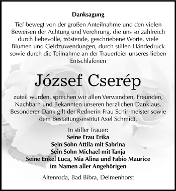 Traueranzeige von Jozsef Cserep von Mitteldeutsche Zeitung Naumburg/Nebra