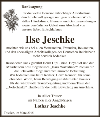 Traueranzeige von Ilse Jeschke von WVG - Wochenspiegel Dessau / Köthen