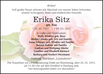 Traueranzeige von Erika Sitz von Mitteldeutsche Zeitung Naumburg/Nebra