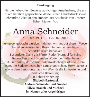 Traueranzeige von Anna Schneider von Mitteldeutsche Zeitung Weißenfels