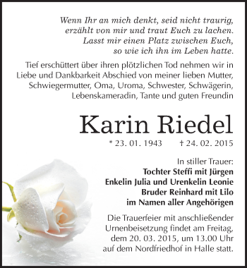 Traueranzeige von Karin Riedel von Mitteldeutsche Zeitung Halle/Saalkreis