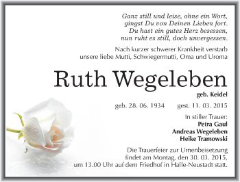 Traueranzeige von Ruth Wegeleben von Mitteldeutsche Zeitung Halle/Saalkreis
