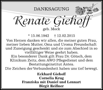 Traueranzeige von Renate Giehoff von Mitteldeutsche Zeitung Zeitz