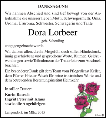 Traueranzeige von Dora Lorbeer von WVG - Wochenspiegel NMB / WSF / ZTZ