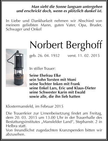 Traueranzeige von Norbert Berghoff von Mitteldeutsche Zeitung Mansfelder Land