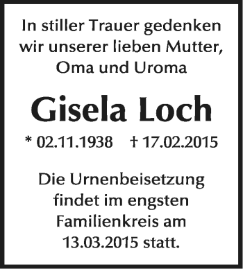 Traueranzeige von Gisela Loch von Mitteldeutsche Zeitung Wittenberg