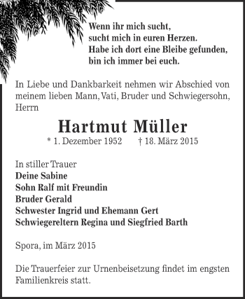 Traueranzeige von Hartmut Müller von Super Sonntag Zeitz