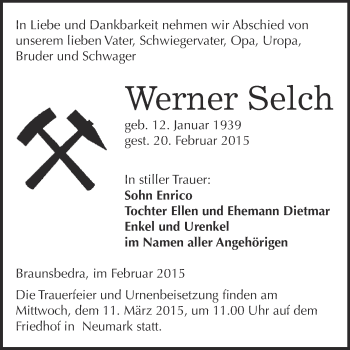 Traueranzeige von Werner Selch von WVG - Wochenspiegel Merseburg