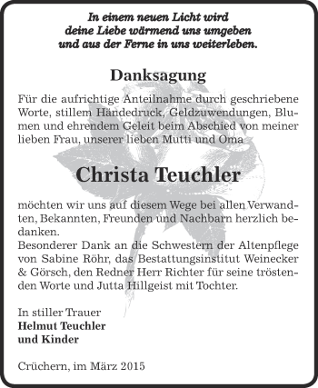 Traueranzeige von Christa Teuchler von Super Sonntag Bernburg