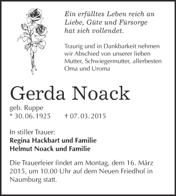 Traueranzeige von Gerda Noack von WVG - Wochenspiegel NMB / WSF / ZTZ