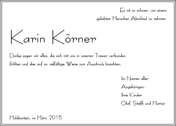 Traueranzeige von Karin Körner von Mitteldeutsche Zeitung Bitterfeld