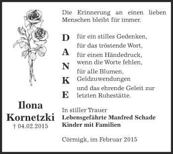 Traueranzeige von Ilona Kornetzki von Super Sonntag Bernburg