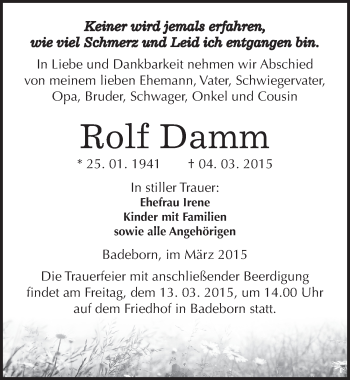 Traueranzeige von Rolf Damm von Mitteldeutsche Zeitung Quedlinburg