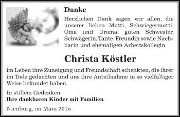 Traueranzeige von Christa Köstler von Mitteldeutsche Zeitung Bernburg