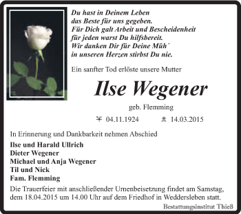 Traueranzeige von Ilse Wegner von Super Sonntag Quedlinburg