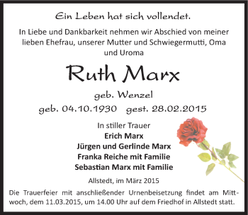 Traueranzeige von Ruth Marx von Mitteldeutsche Zeitung Sangerhausen