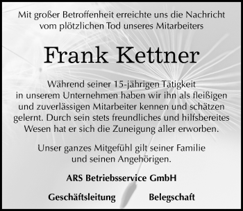 Traueranzeige von Frank Kettner von Mitteldeutsche Zeitung