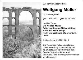 Traueranzeige von Wolfgang Müller von Mitteldeutsche Zeitung Aschersleben