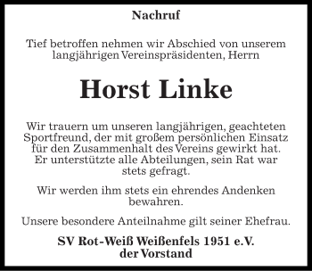 Traueranzeige von Horst Linke von Mitteldeutsche Zeitung Weißenfels