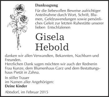 Traueranzeige von Gisela Hebold von Super Sonntag Wittenberg