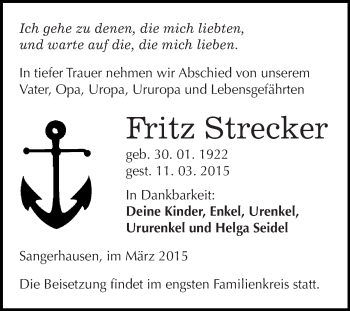 Traueranzeige von Fritz Strecker von Super Sonntag SGH Mansf. Land