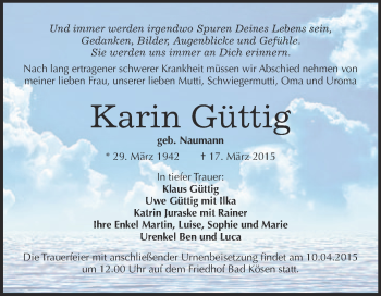 Traueranzeige von Karin Güttig von WVG - Wochenspiegel NMB / WSF / ZTZ