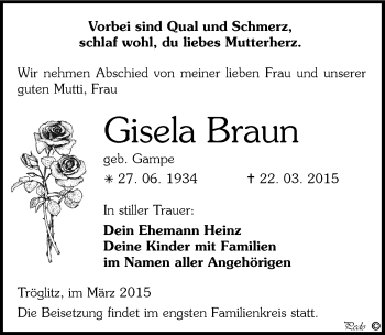 Traueranzeige von Gisela Braun von Mitteldeutsche Zeitung Zeitz
