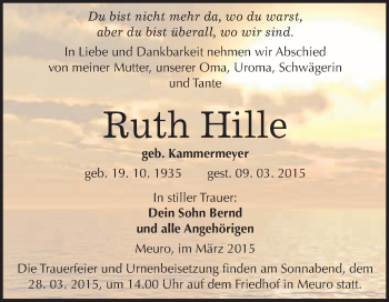 Traueranzeige von Ruth Hille von WVG - Wochenspiegel Wittenberg