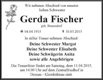 Traueranzeige von Gerda Fischer von WVG - Wochenspiegel Dessau / Köthen