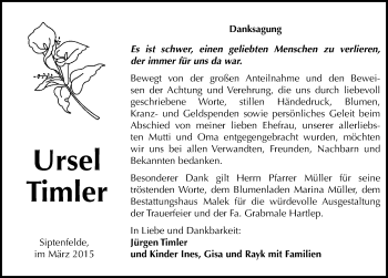 Traueranzeige von Ursel Timler von Mitteldeutsche Zeitung Quedlinburg
