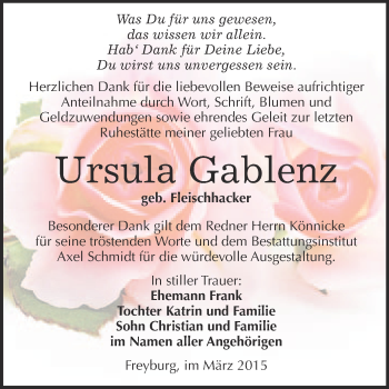 Traueranzeige von Ursula Gablenz von WVG - Wochenspiegel NMB / WSF / ZTZ