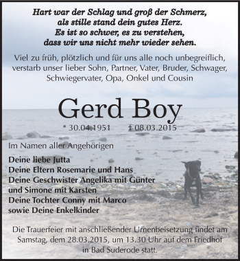 Traueranzeige von Gerd Boy von Mitteldeutsche Zeitung Quedlinburg