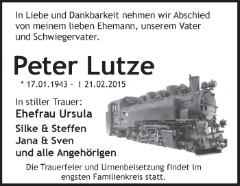 Traueranzeige von Peter Lutze von WVG - Wochenspiegel Dessau / Köthen