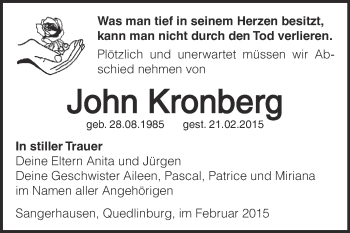 Traueranzeige von John Kronberg von Super Sonntag SGH Mansf. Land