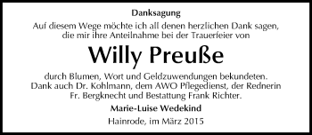 Traueranzeige von Willy Preuße von Mitteldeutsche Zeitung Sangerhausen