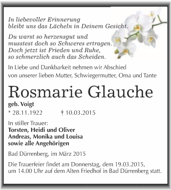Traueranzeige von Rosmarie Glauche von Super Sonntag Merseburg
