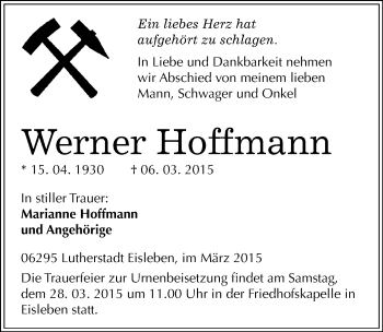 Traueranzeige von Werner Hoffmann von Mitteldeutsche Zeitung Mansfelder Land