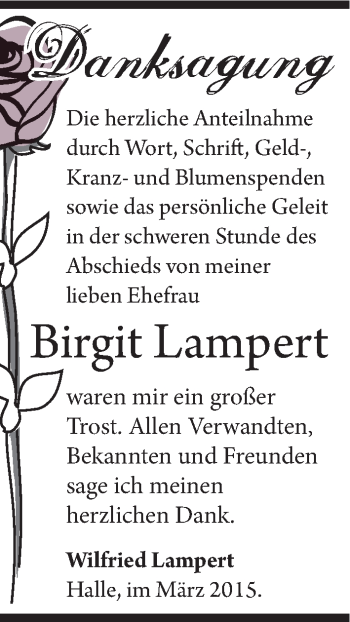 Traueranzeige von Birgit Lampert von Mitteldeutsche Zeitung Halle/Saalkreis