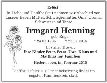 Traueranzeige von Irmgard Henning von Wochenspiegel Mansfelder Land