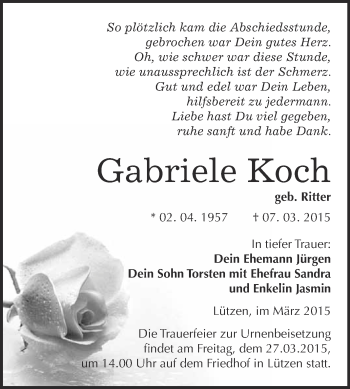 Traueranzeige von Gabriele Koch von Super Sonntag Merseburg