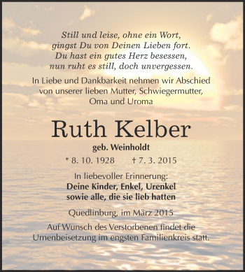 Traueranzeige von Ruth Kelber von Super Sonntag Quedlinburg