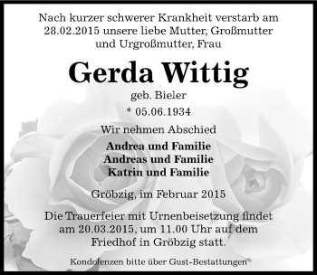 Traueranzeige von Gerda Wittig von Mitteldeutsche Zeitung Köthen