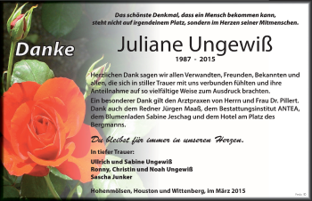 Traueranzeige von Juliane Ungewiß von Mitteldeutsche Zeitung Weißenfels