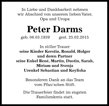 Traueranzeige von Peter Darms von Mitteldeutsche Zeitung Bernburg