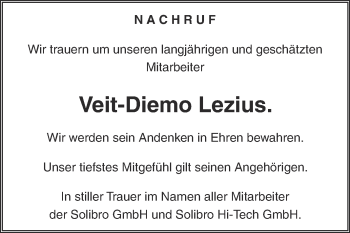 Traueranzeige von Veit-Diemo Lezius von Super Sonntag Dessau / Köthen