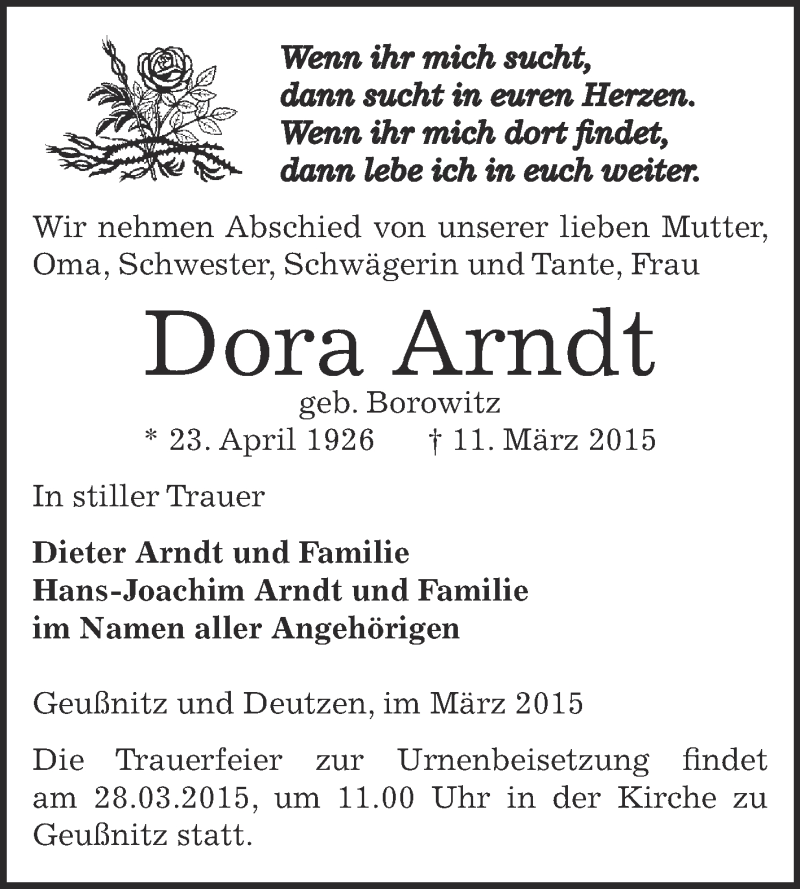  Traueranzeige für Dora Arndt vom 22.03.2015 aus Super Sonntag Zeitz