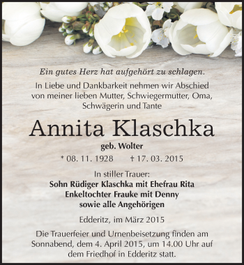 Traueranzeige von Annita Klaschka von Mitteldeutsche Zeitung Köthen