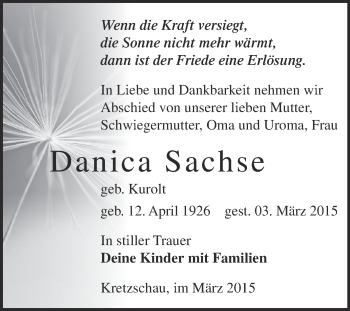 Traueranzeige von Danica Sachse von Super Sonntag Zeitz